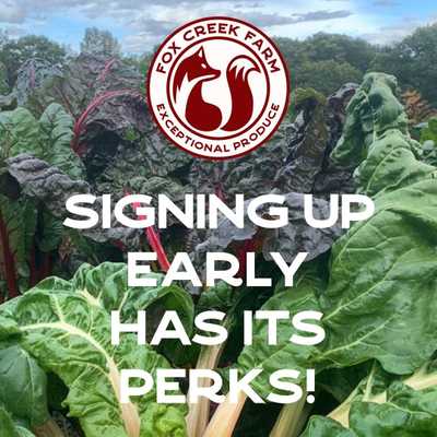 Fox Creek Farm CSA: 2025 Sign-up now open. Visit www.foxcreekfarmcsa.com for more info.

#foxcreekfarmcsa